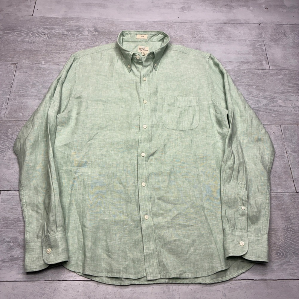 J.Crew Button Down Shirt Mens L Green Baird McNutt Irish Linen Slim Fit Long Slv